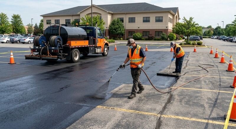 Crew sealcoating a commercial parking lot with a spray system